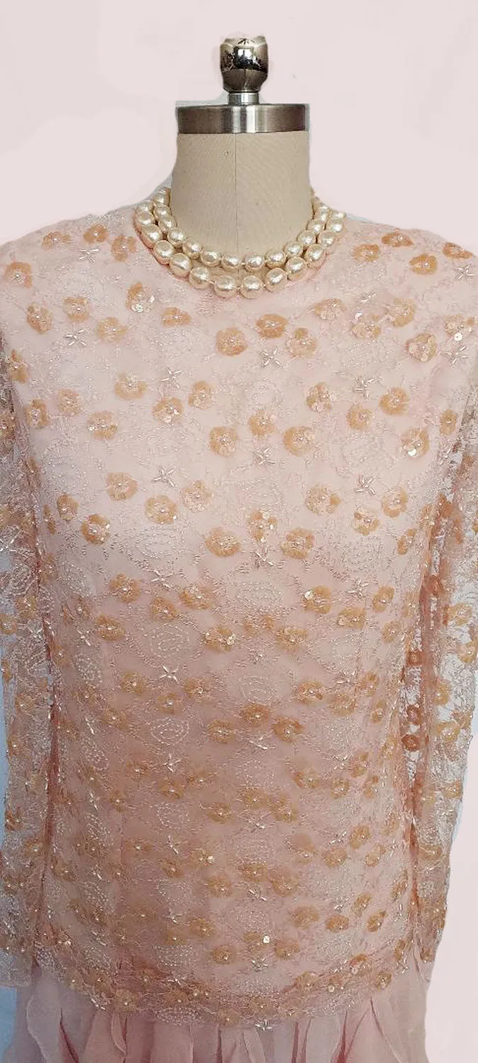 *  VINTAGE  PINK CHIFFON RUFFLE TIER DRESS WITH SPARKLING SEQUINS PEARLS