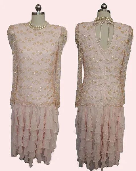 *  VINTAGE  PINK CHIFFON RUFFLE TIER DRESS WITH SPARKLING SEQUINS PEARLS