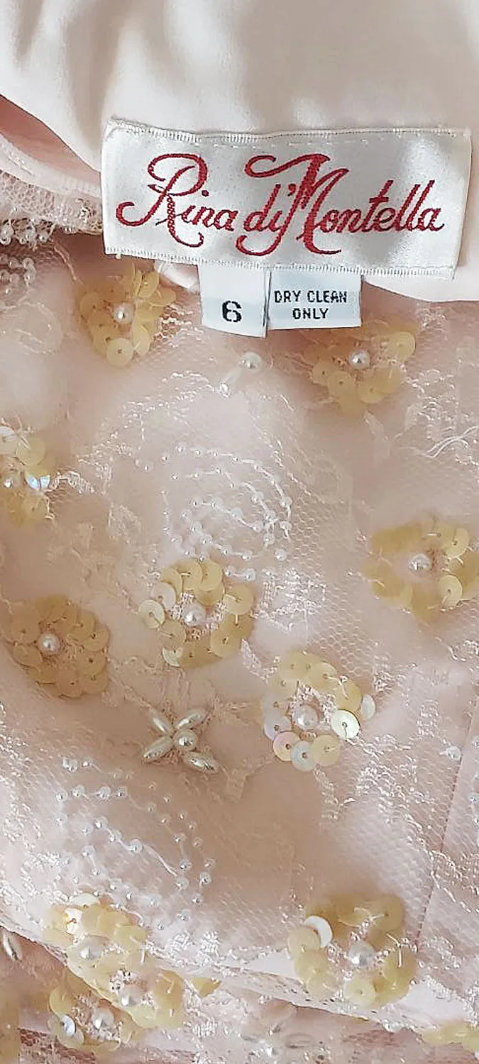 *  VINTAGE  PINK CHIFFON RUFFLE TIER DRESS WITH SPARKLING SEQUINS PEARLS