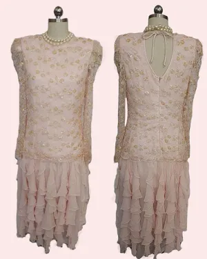 *  VINTAGE  PINK CHIFFON RUFFLE TIER DRESS WITH SPARKLING SEQUINS PEARLS