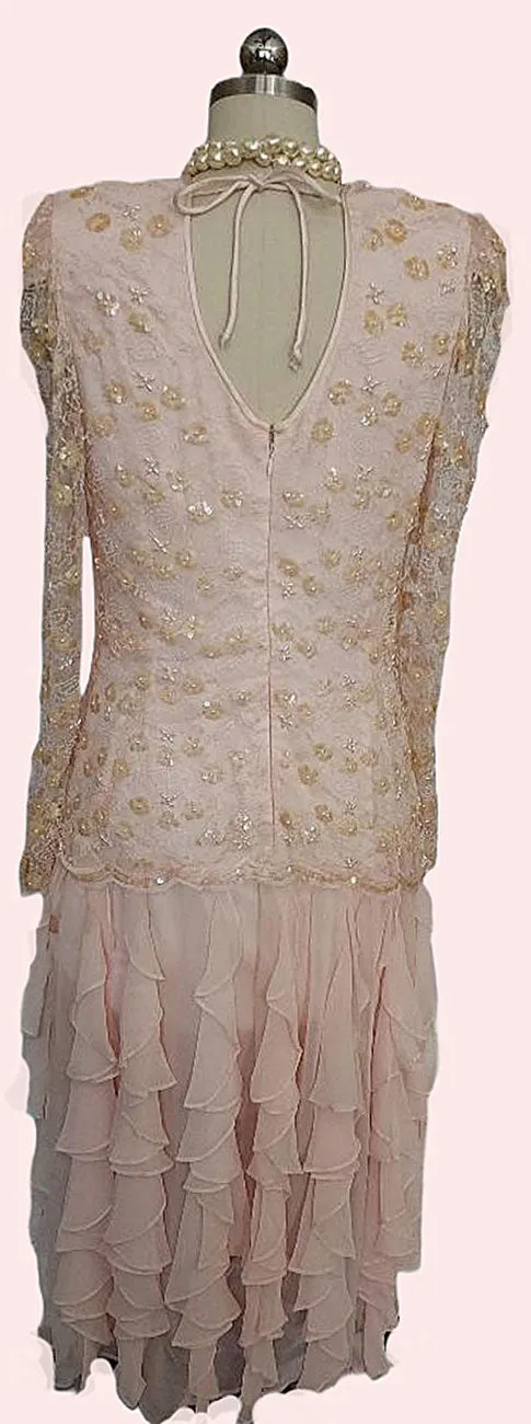 *  VINTAGE  PINK CHIFFON RUFFLE TIER DRESS WITH SPARKLING SEQUINS PEARLS
