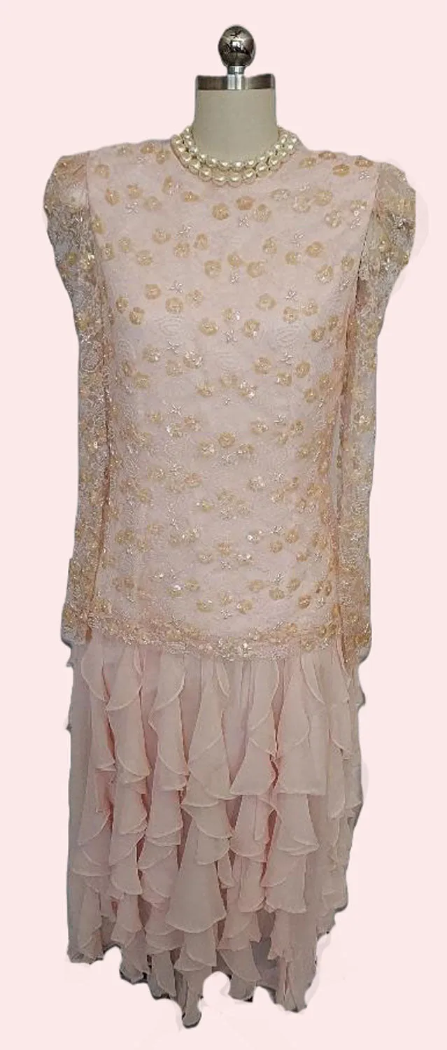 *  VINTAGE  PINK CHIFFON RUFFLE TIER DRESS WITH SPARKLING SEQUINS PEARLS
