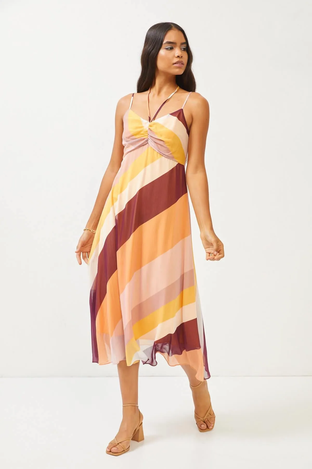 Abstract Print Orange Strappy Midi Dress