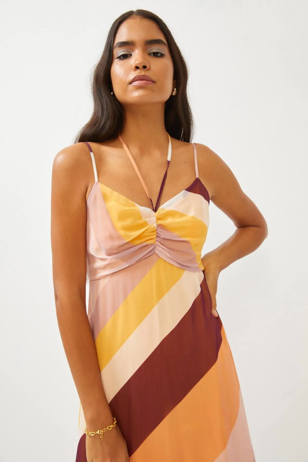 Abstract Print Orange Strappy Midi Dress