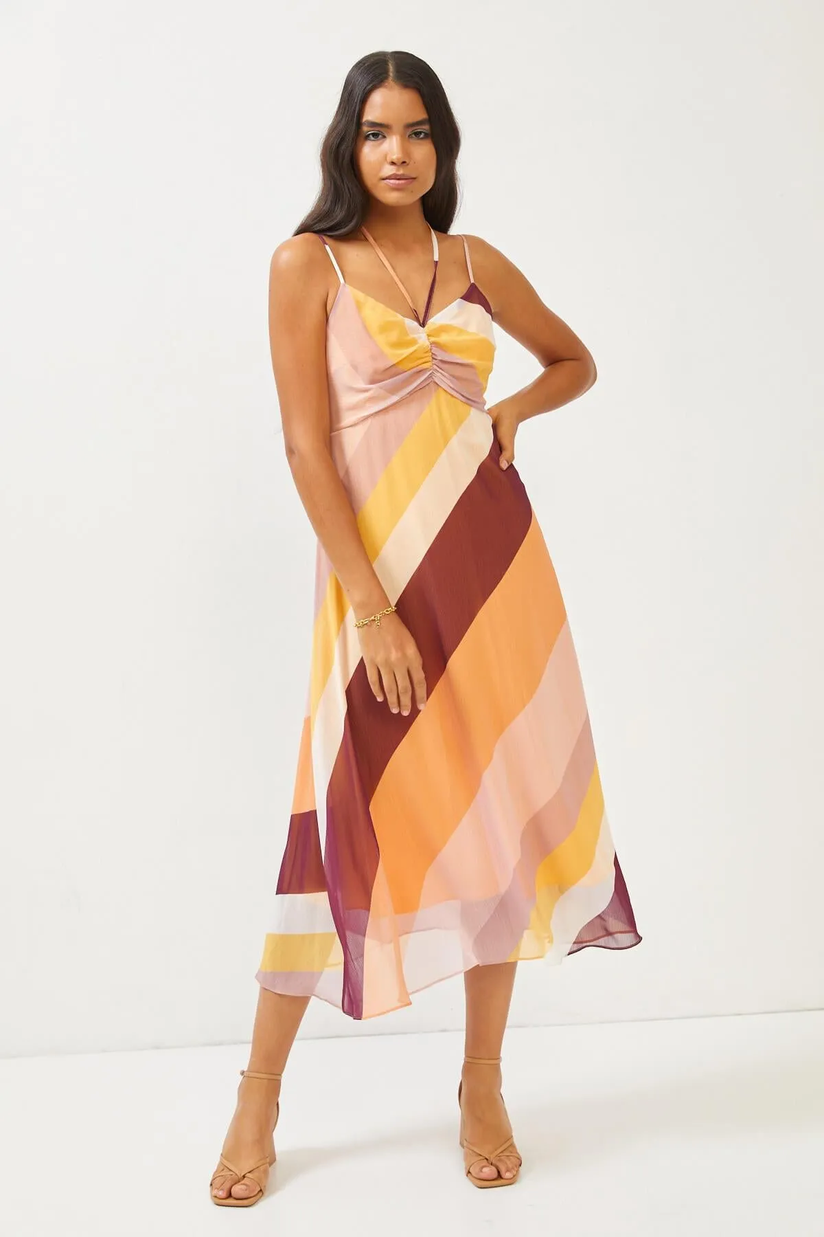 Abstract Print Orange Strappy Midi Dress