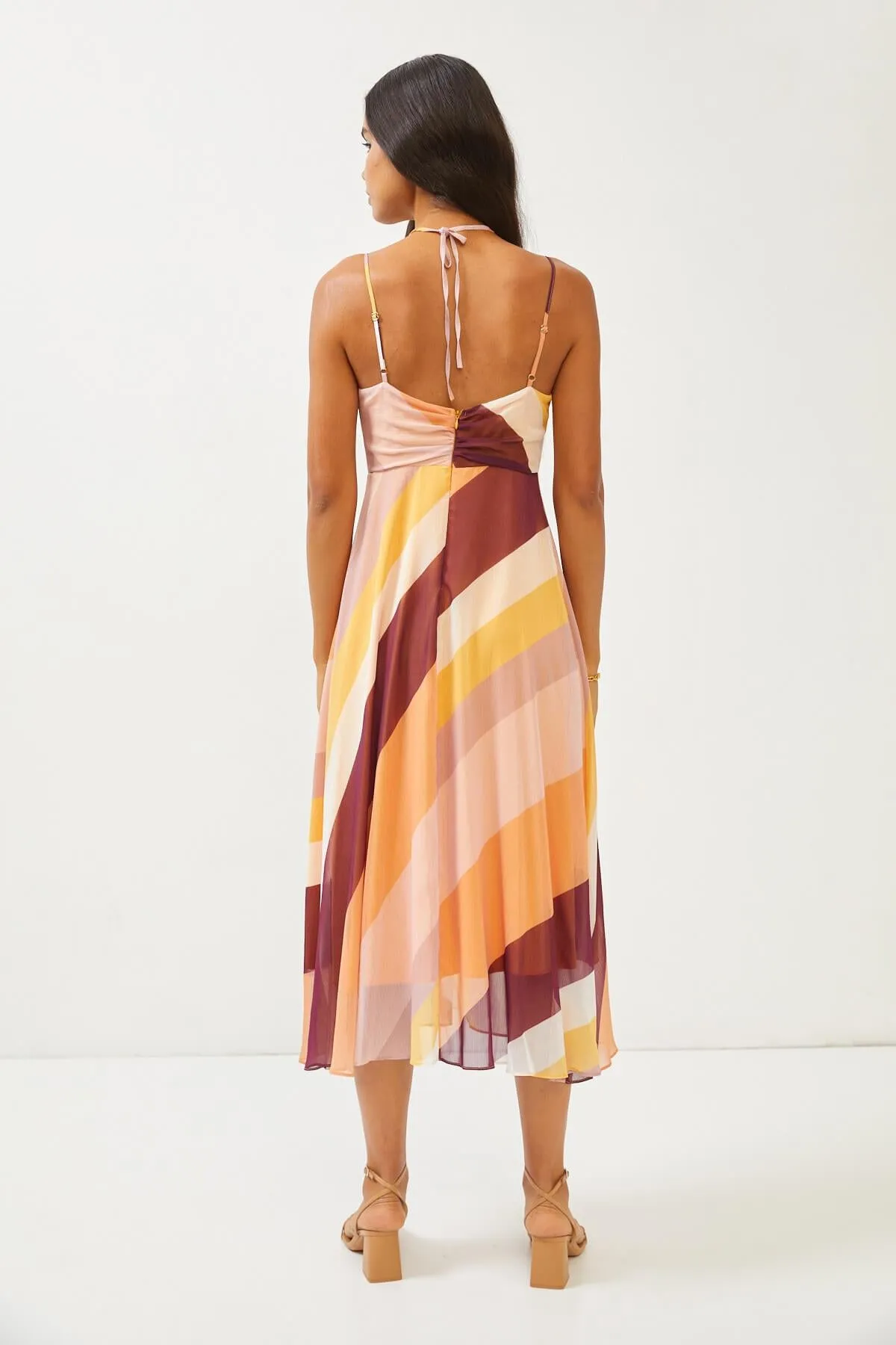 Abstract Print Orange Strappy Midi Dress