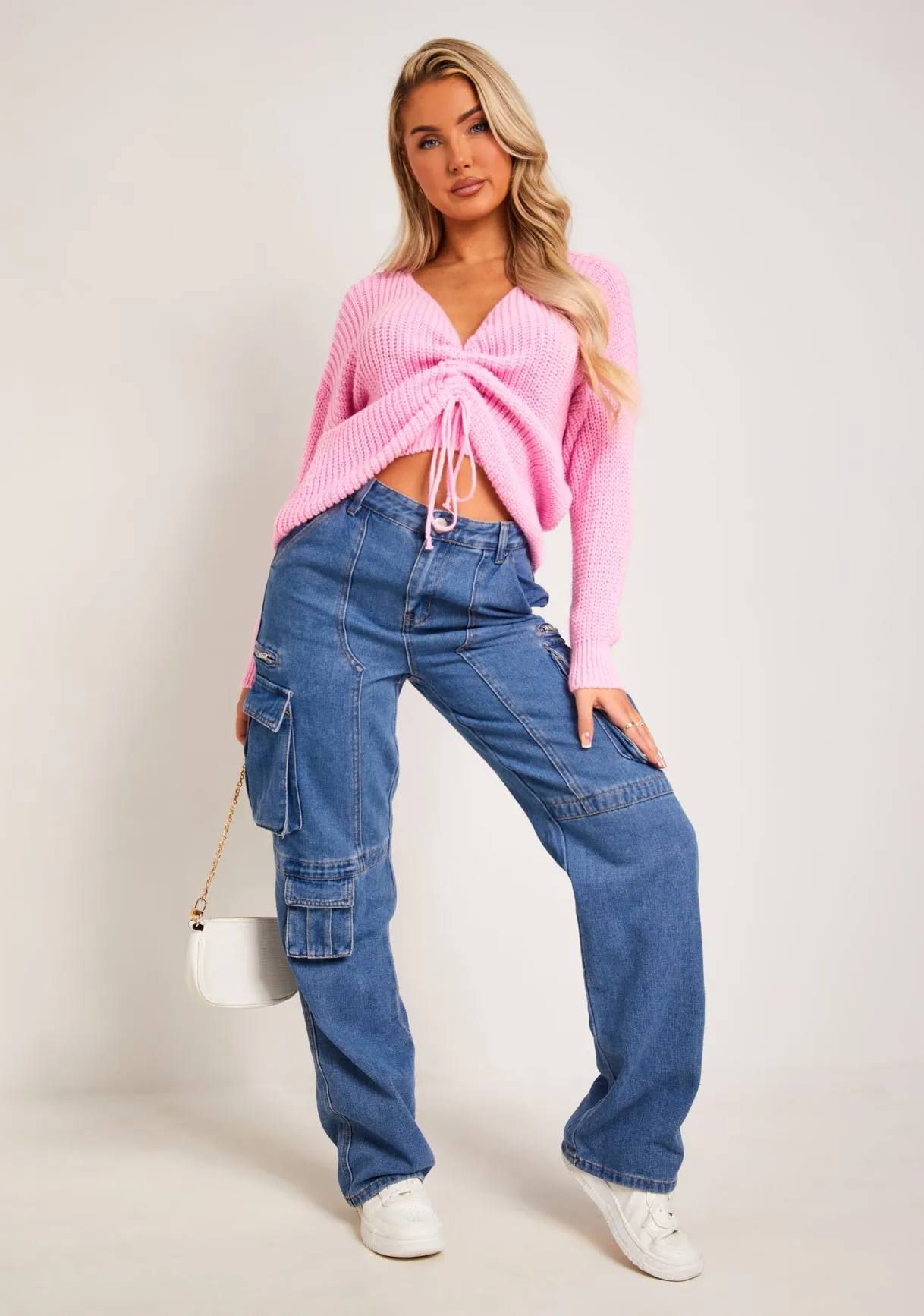 Alicia Pink Ruched Front Knitted Jumper