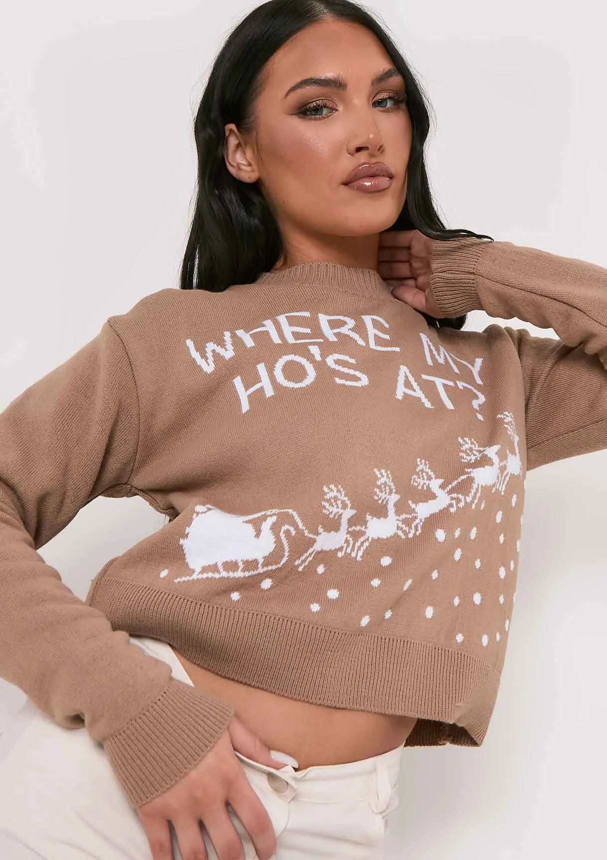 Alisa Beige 'Where My Ho's At' Knitted Christmas Jumper