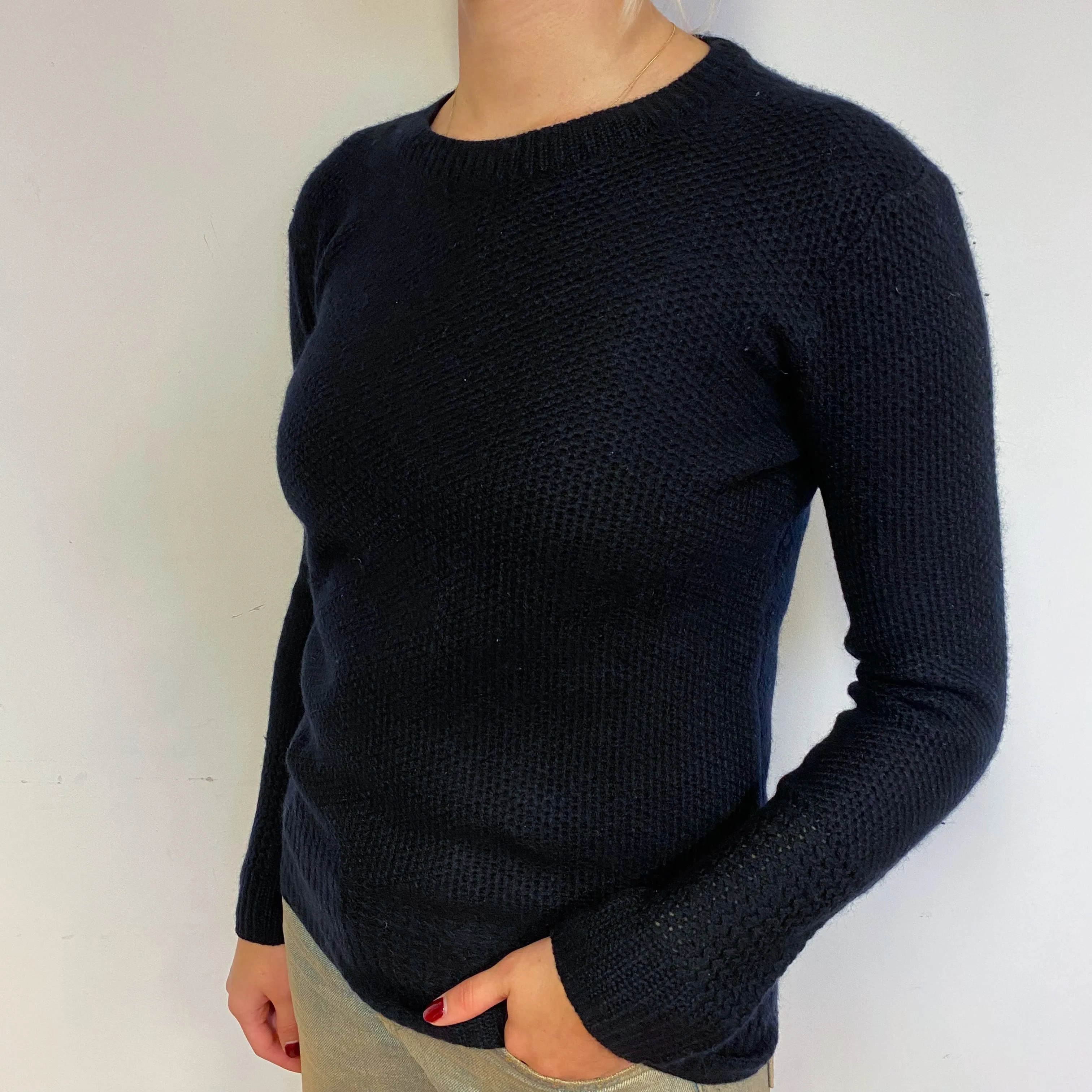 All Saints Black Cashmere Waffle Crew Neck Jumper