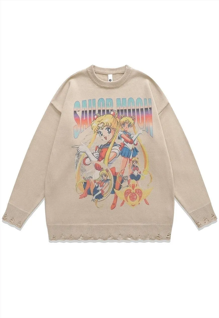 Anime sweater knitted distressed jumper in black