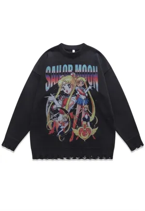 Anime sweater knitted distressed jumper in black