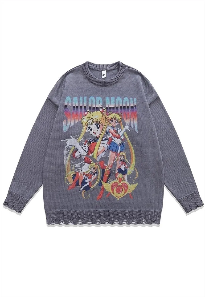 Anime sweater knitted distressed jumper in black