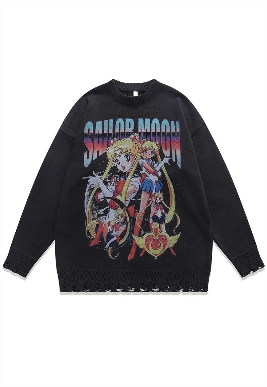Anime sweater knitted distressed jumper in black
