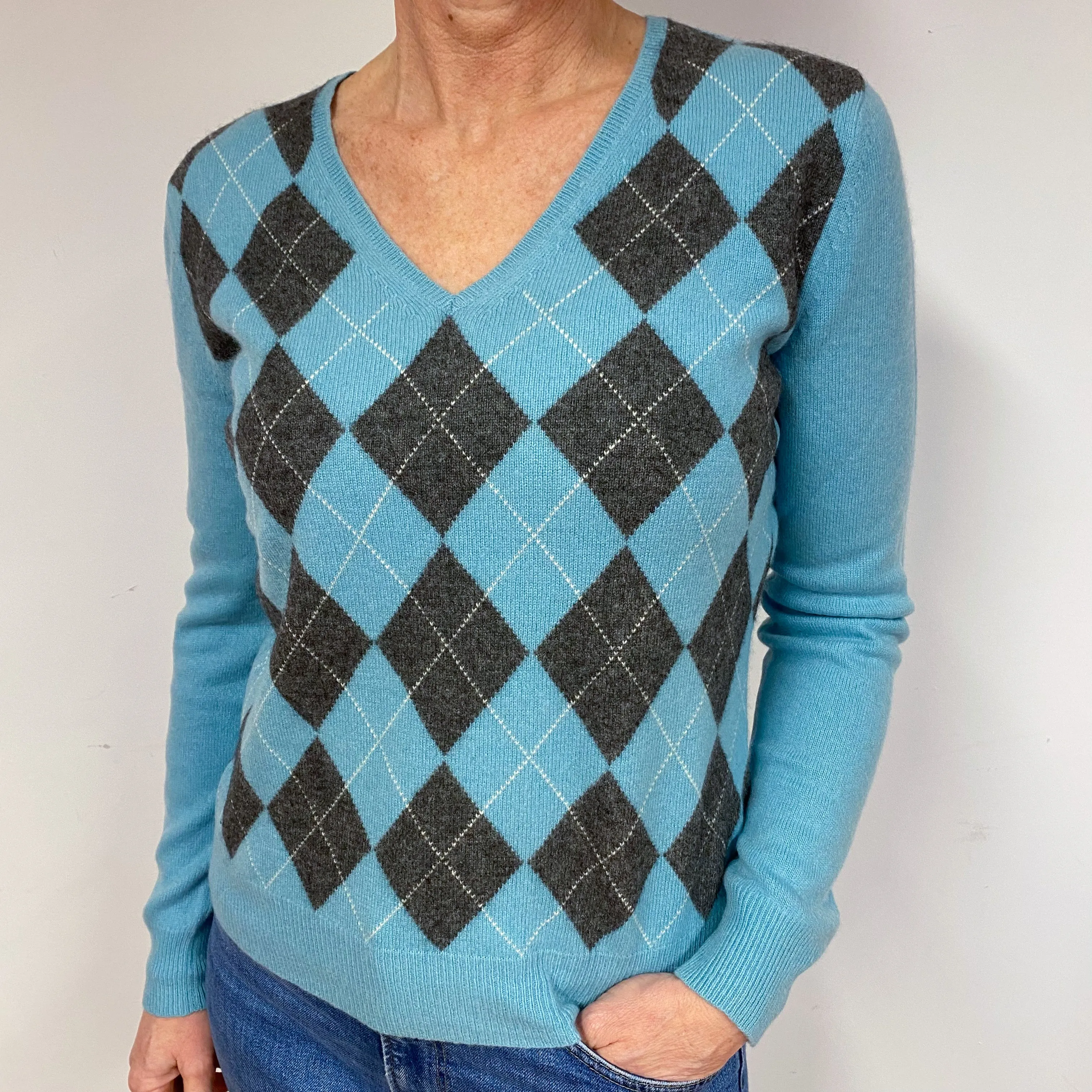 Aqua Blue Argyle Cashmere V-Neck Jumper Medium