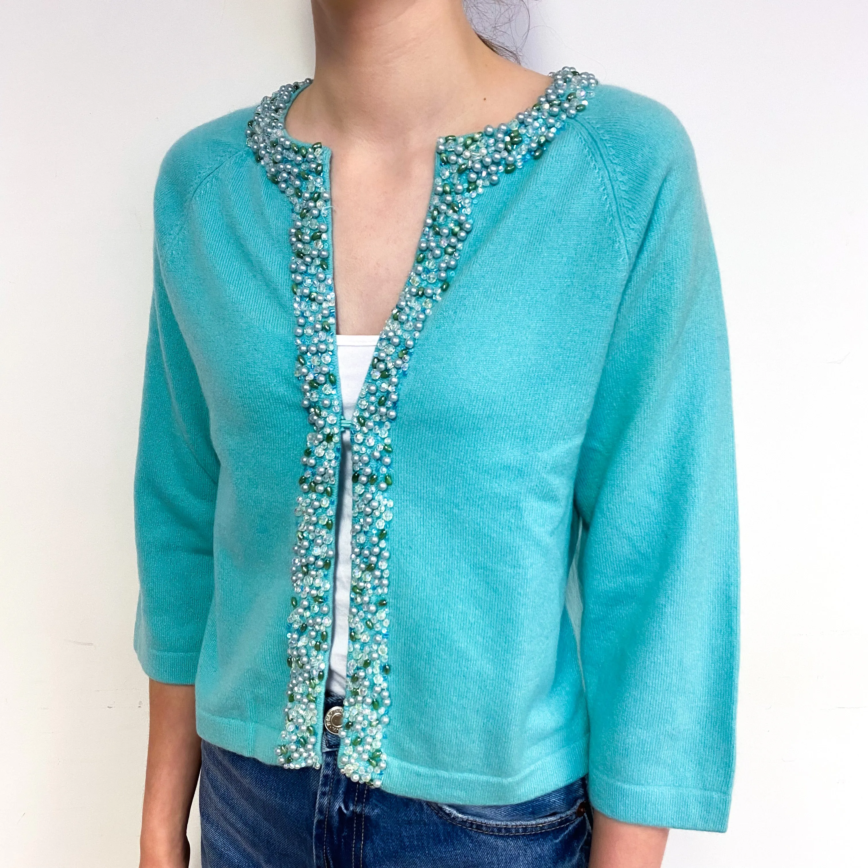 Aqua Green Bejewelled Cashmere Cardigan Extra Small