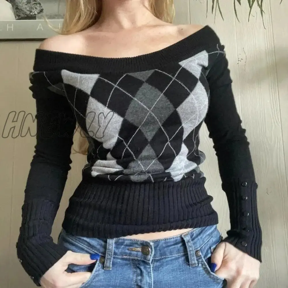 Argyle Plaid Retro Knitted Sweater Preppy Cute Slim Fit Jumper Autumn Long Sleeve Pullovers Tops Y2K Vintage Grunge Streetwear