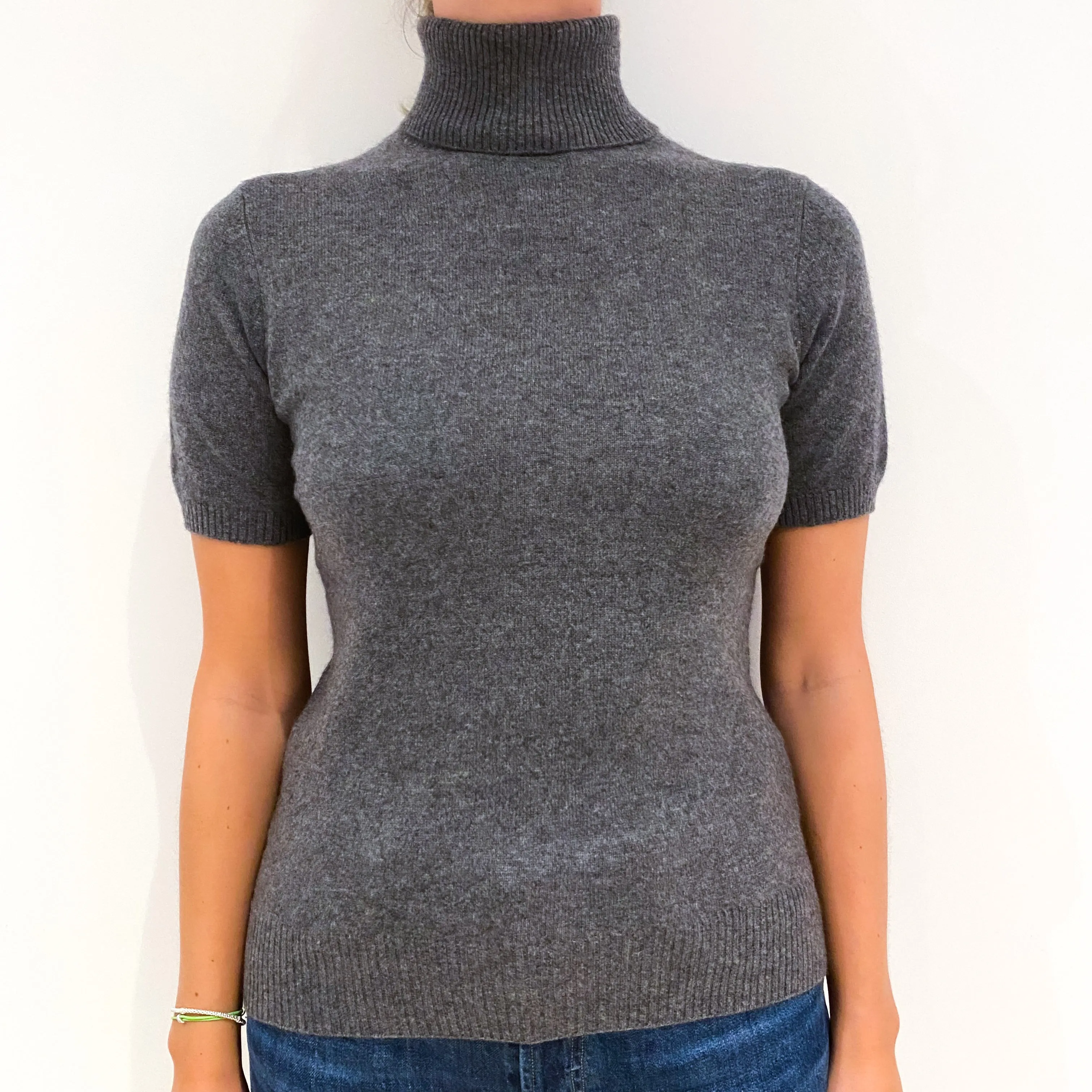 Ash Grey Short Sleeved Cashmere Polo Neck Jumper Small