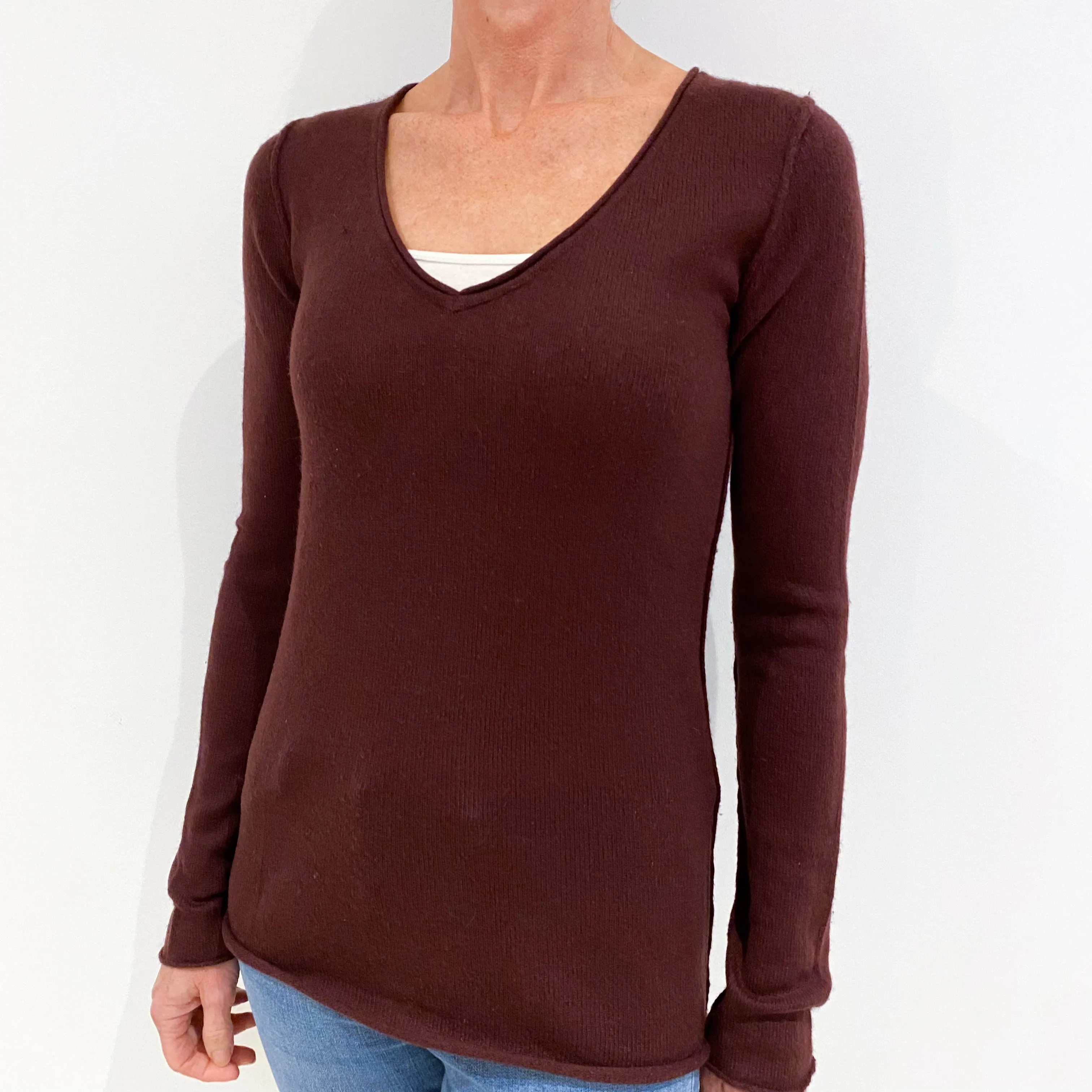 Aubergine Red Cashmere V-Neck Jumper Small