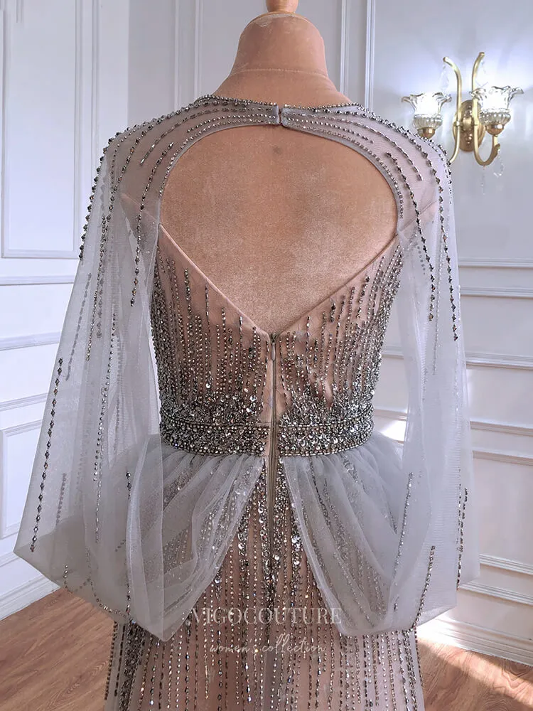 Beaded Cape Sleeve Prom Dresses Plunging V-Neck Evening Dresses 21301