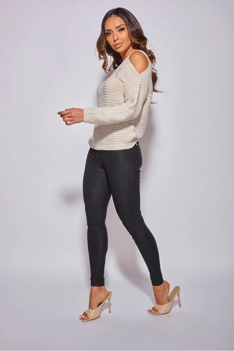 Beige Cold Shoulder Round Neck Jumper