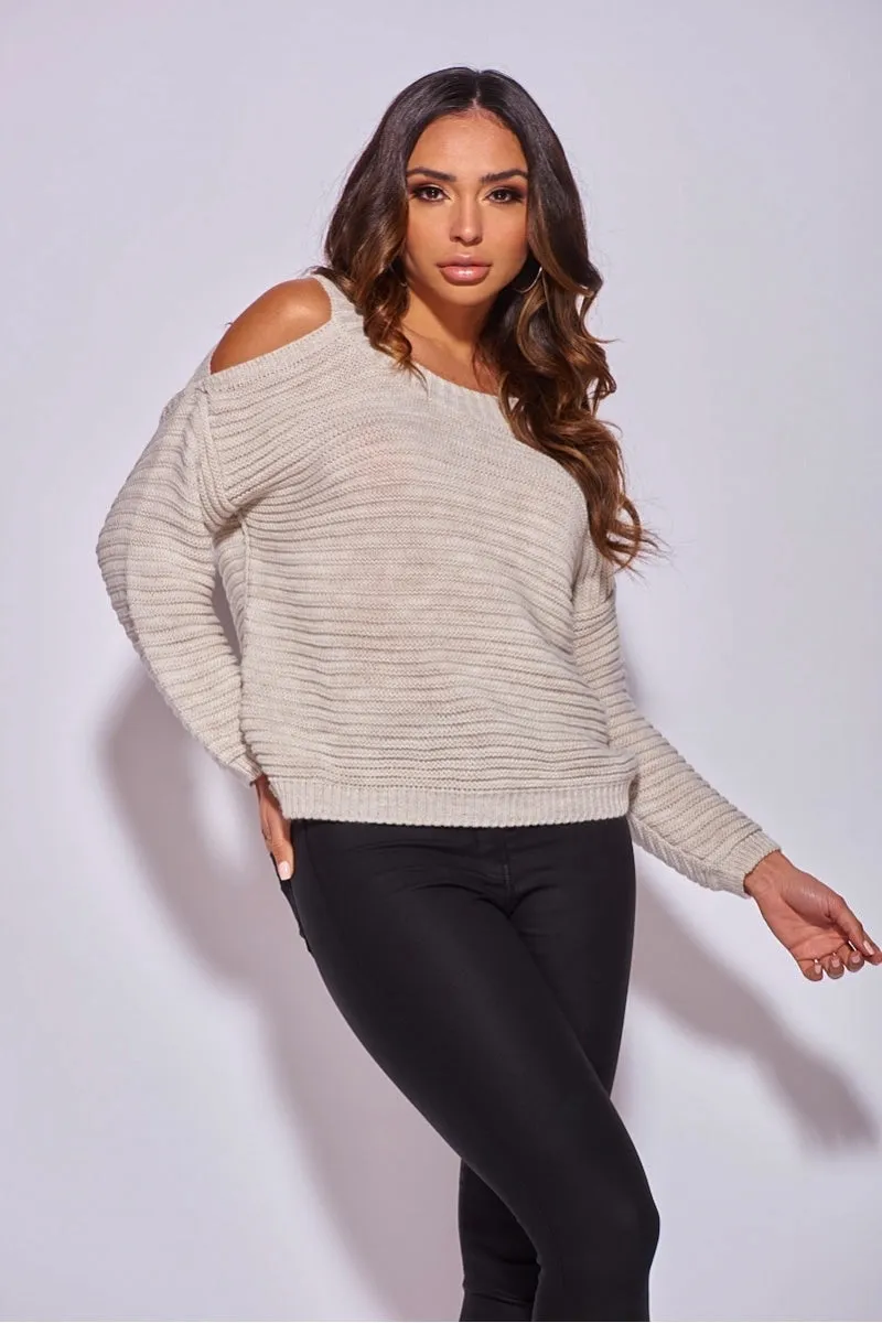 Beige Cold Shoulder Round Neck Jumper