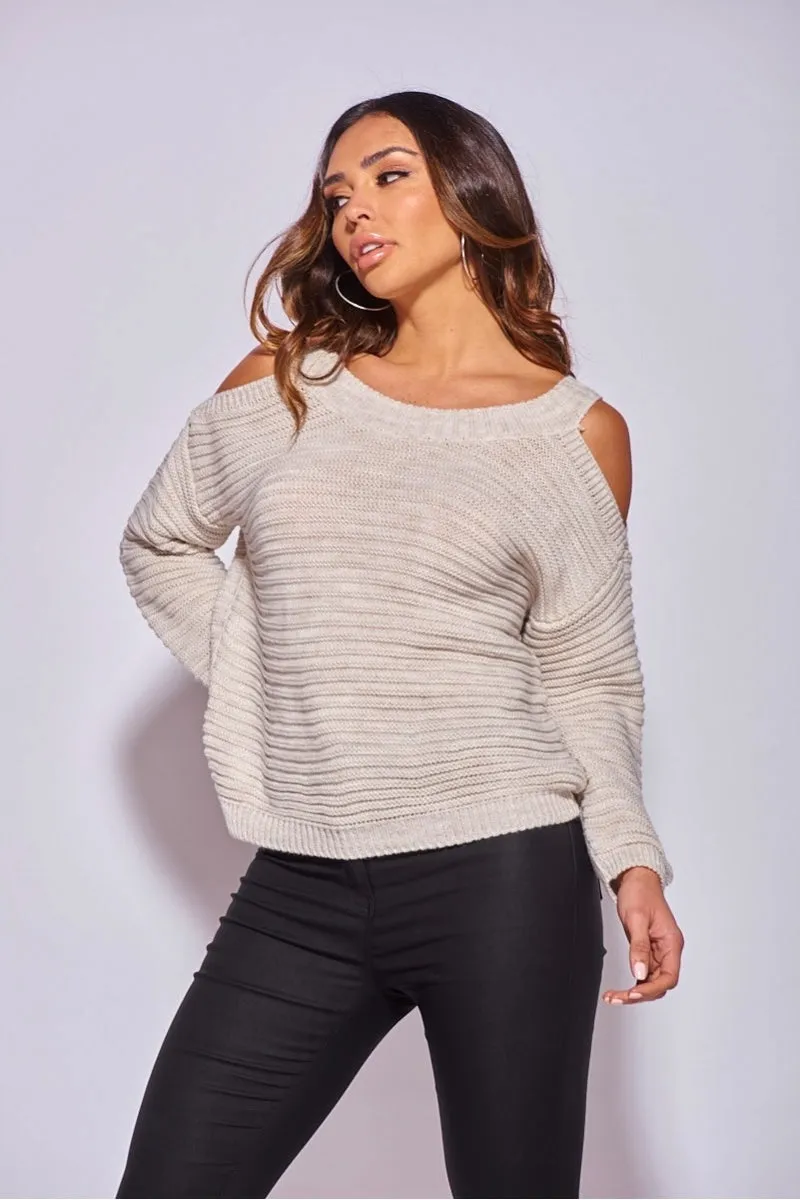 Beige Cold Shoulder Round Neck Jumper