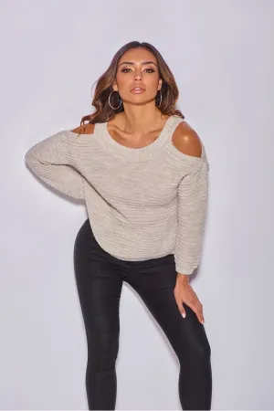 Beige Cold Shoulder Round Neck Jumper