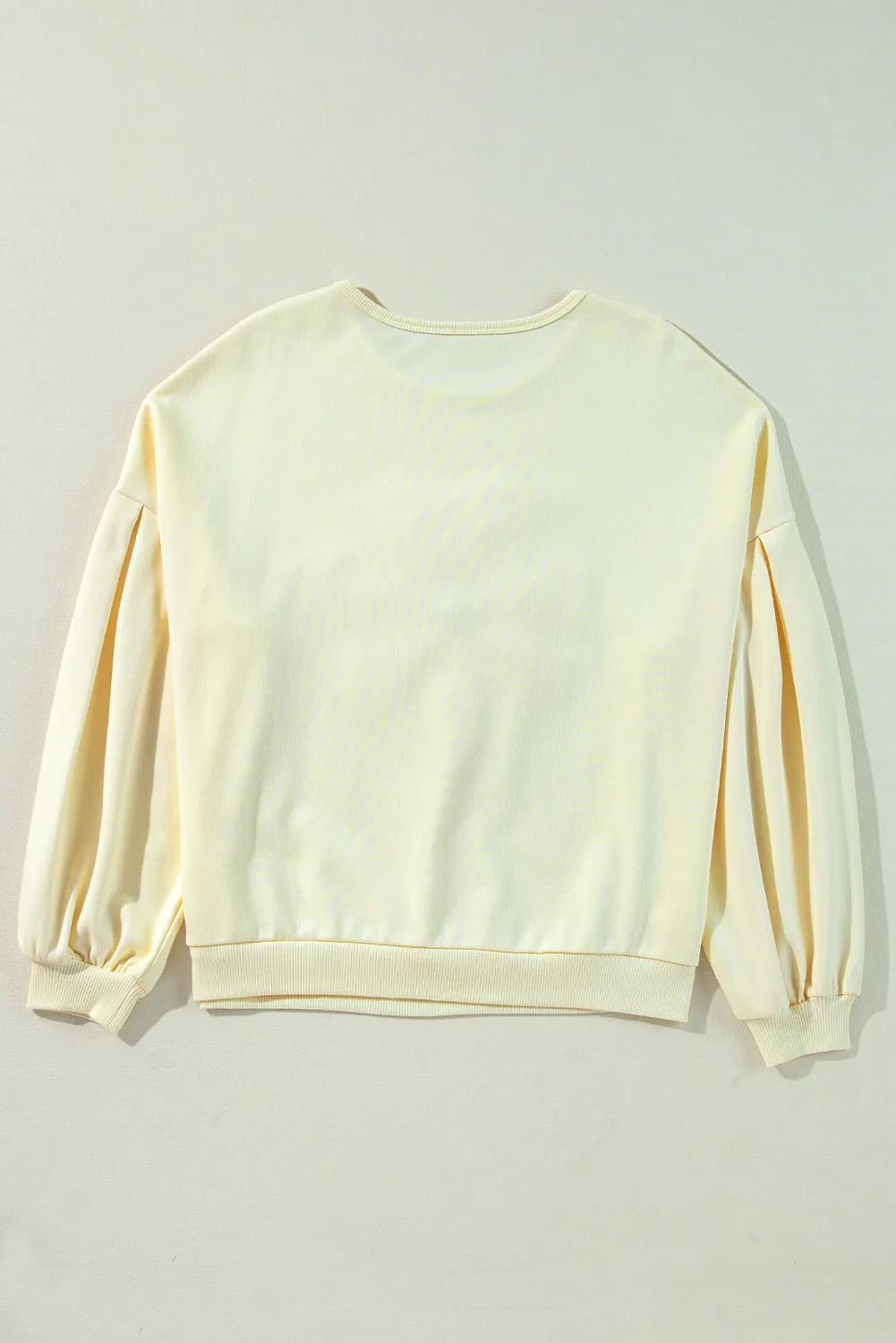 Beige Tinsel Flower Dropped Puff Sleeve Sweatshirt