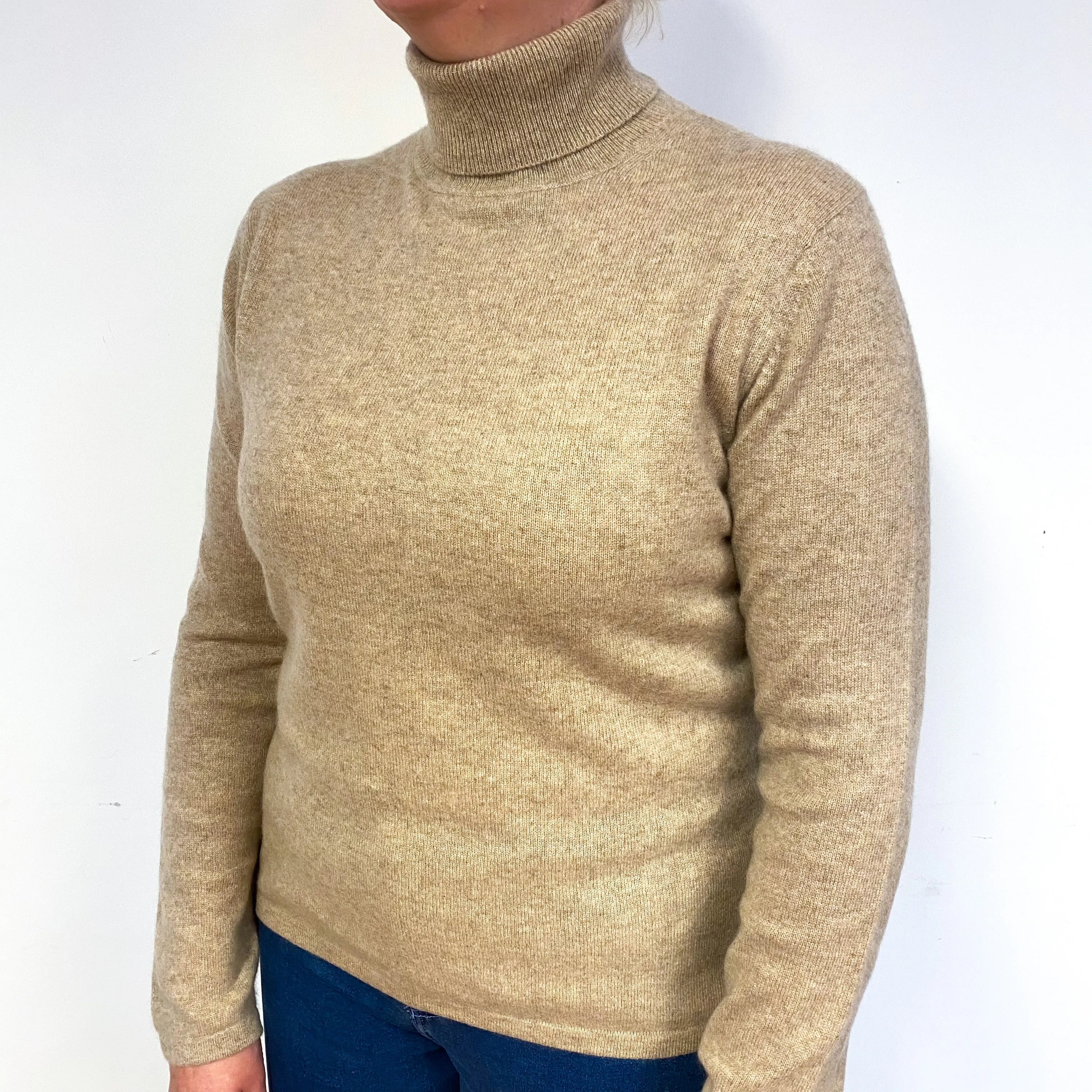 Biscuit Brown Cashmere Polo Neck Jumper Large