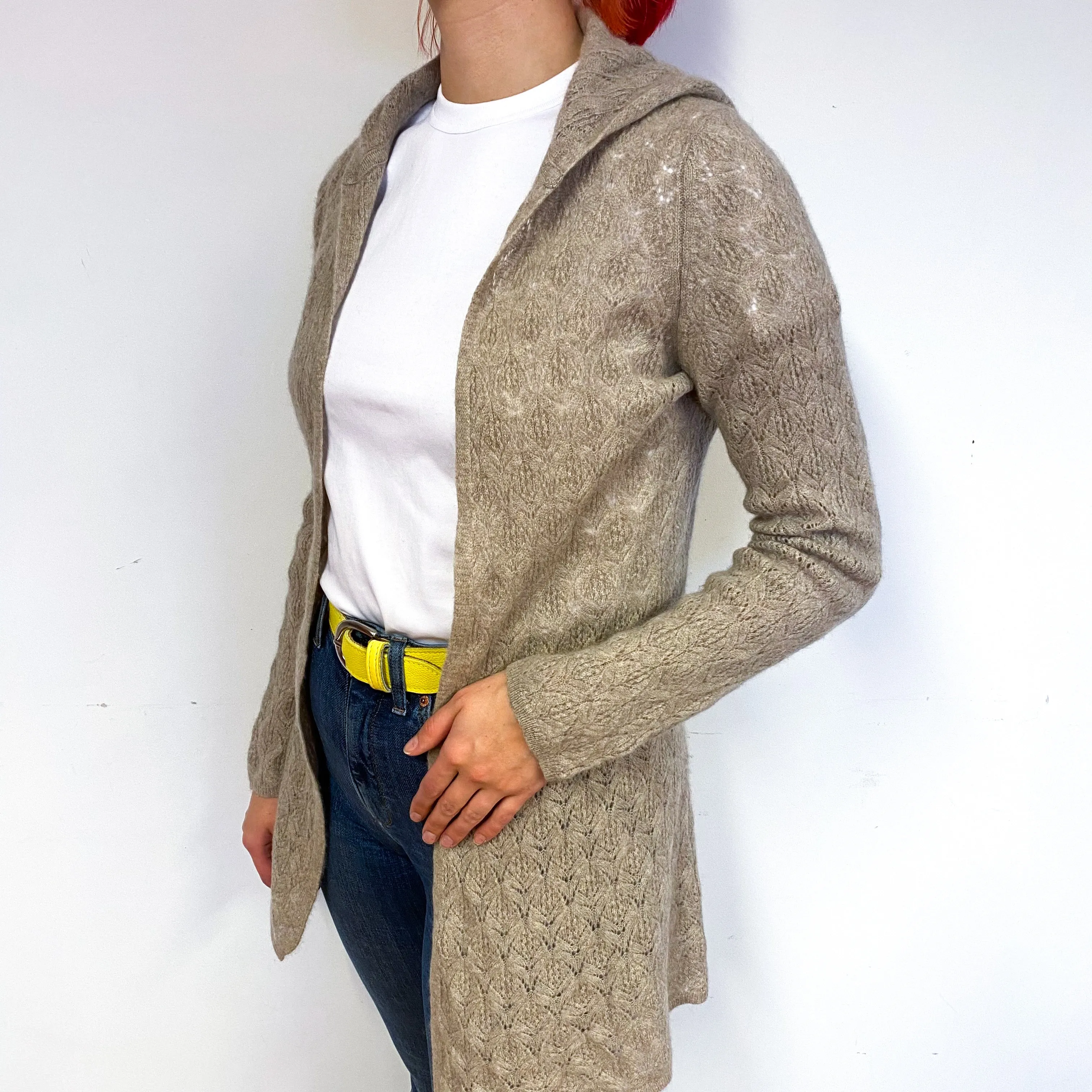 Biscuit Brown Lace Cashmere Edge to Edge Cardigan Small