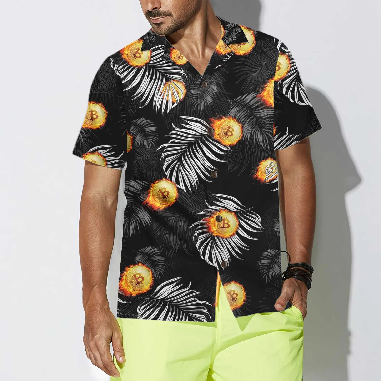 Bitcoin Flame And Tropical Pattern Hawaiian Shirt, Unique Bitcoin Shirt For Men & Women