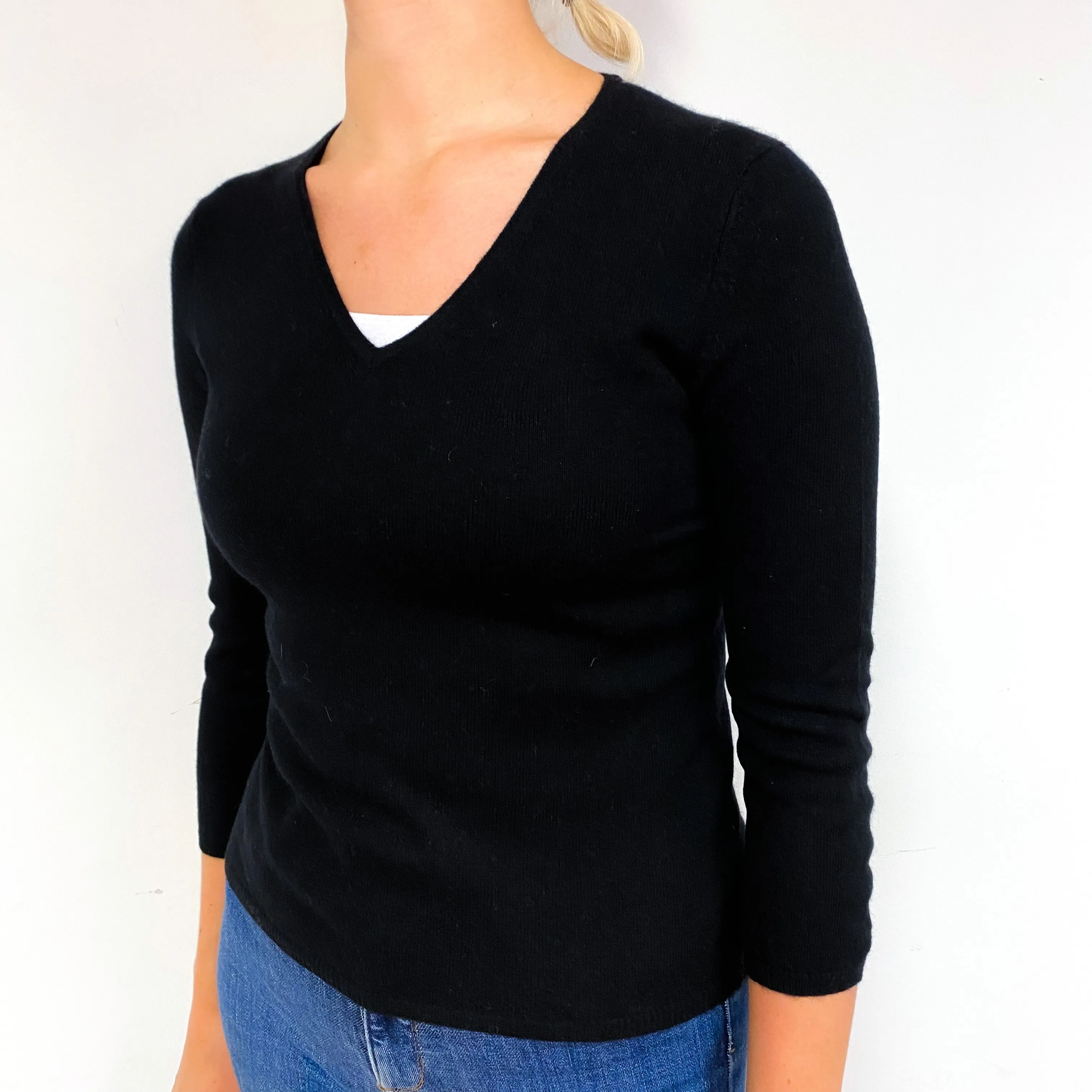Black 3/4 Sleeve Cashmere V-Neck Jumper Small