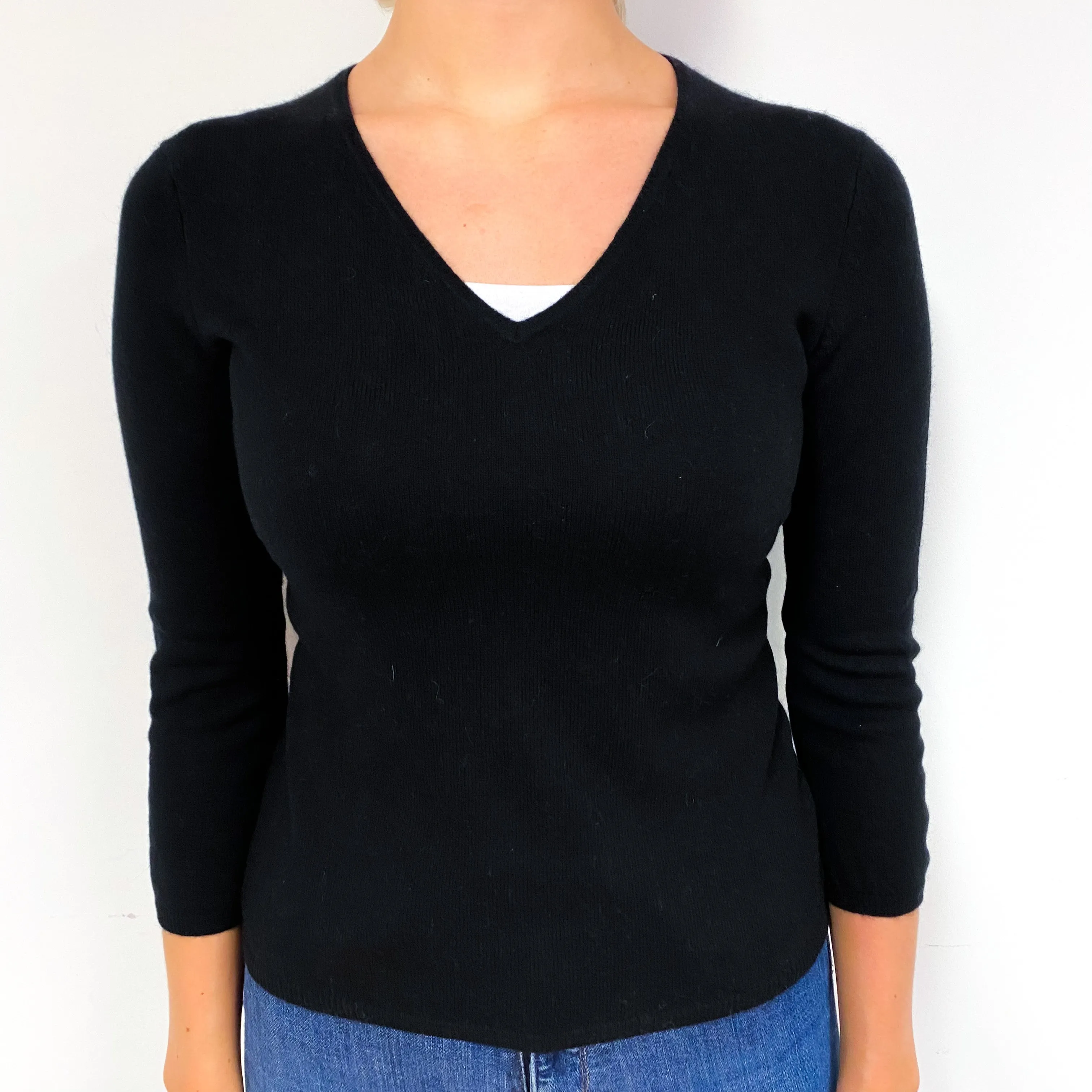 Black 3/4 Sleeve Cashmere V-Neck Jumper Small