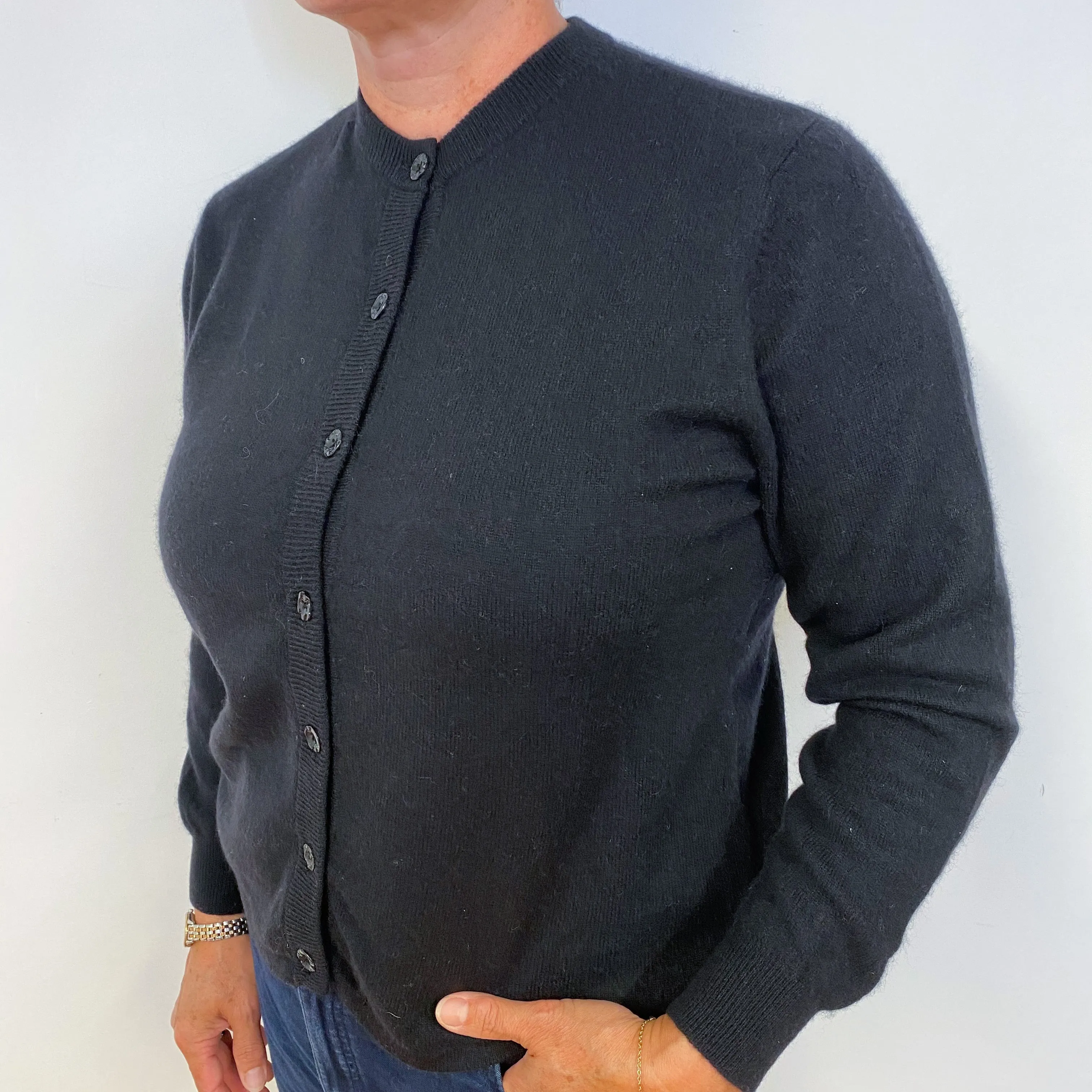 Black Cashmere Crew Neck Cardigan Large