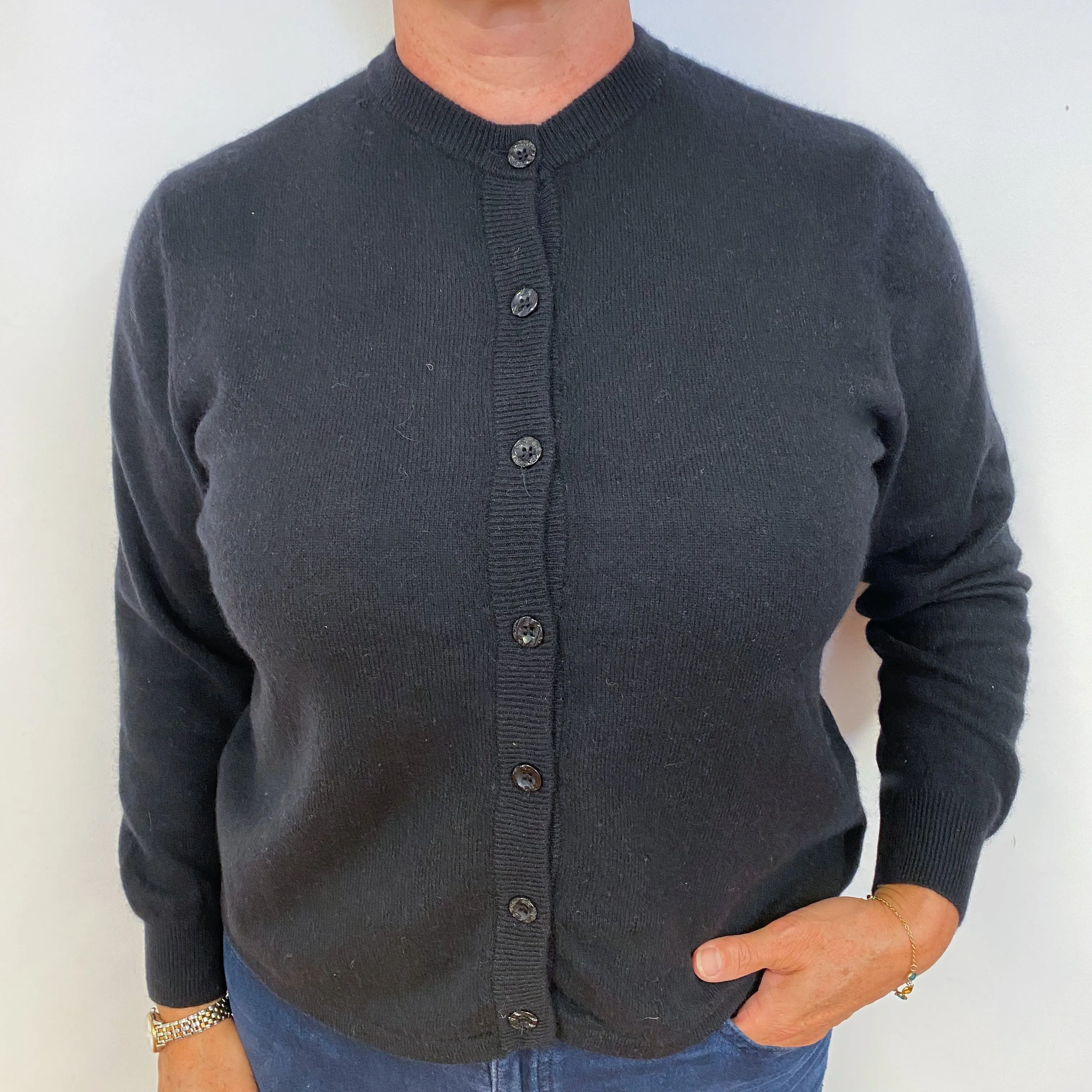 Black Cashmere Crew Neck Cardigan Large