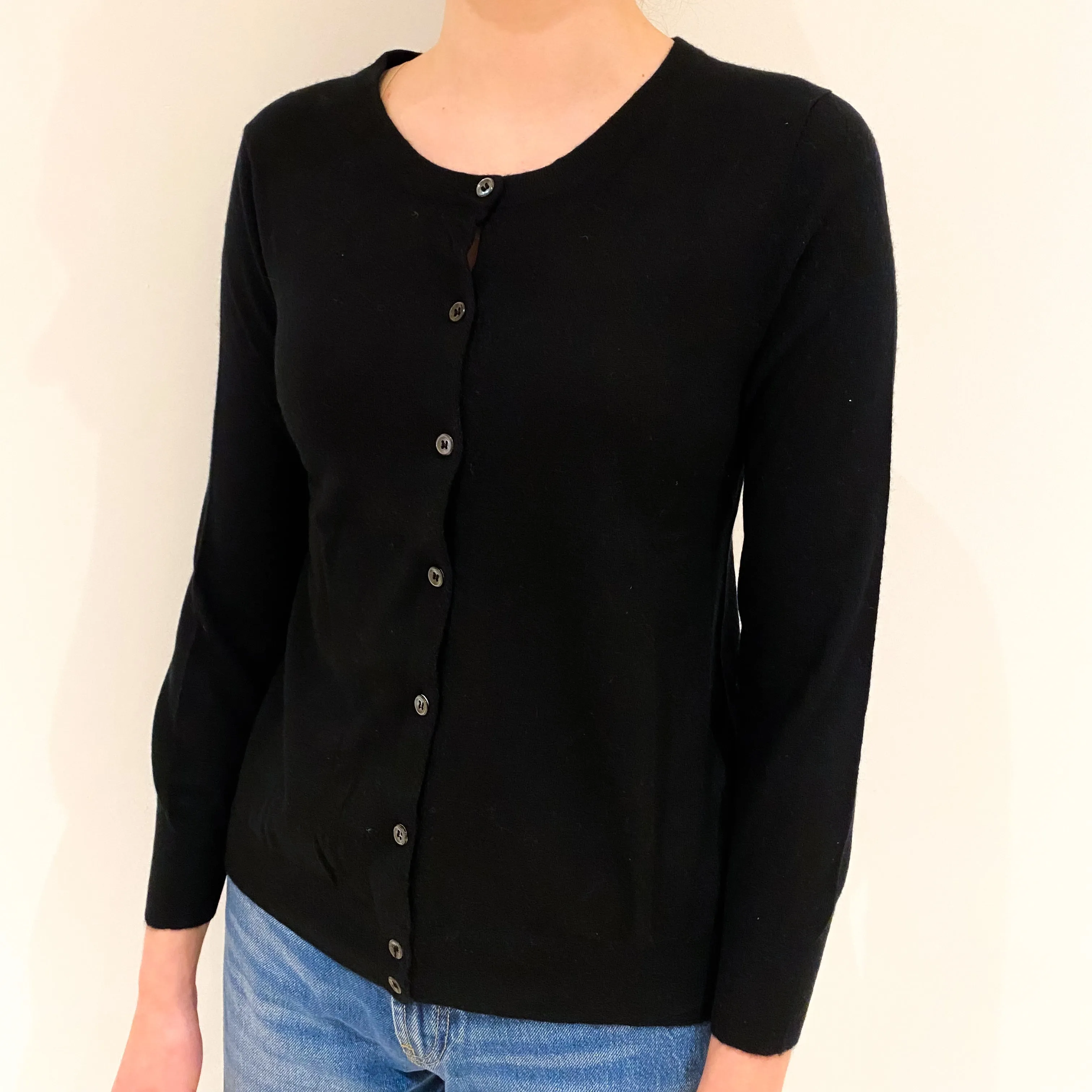 Black Cashmere Fine Knit Crew Neck Cardigan Extra Small
