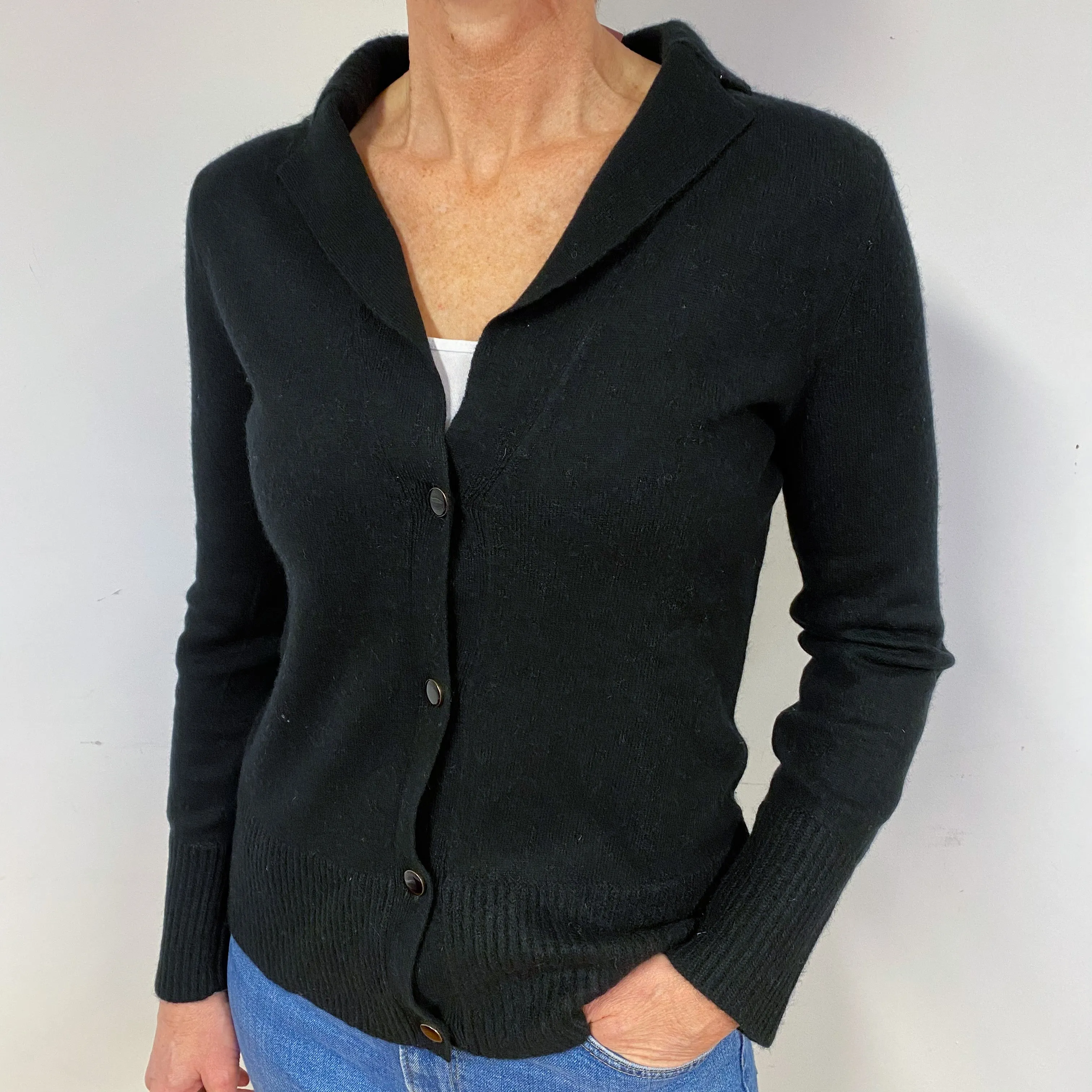 Black Collared Cashmere V-Neck Cardigan Medium