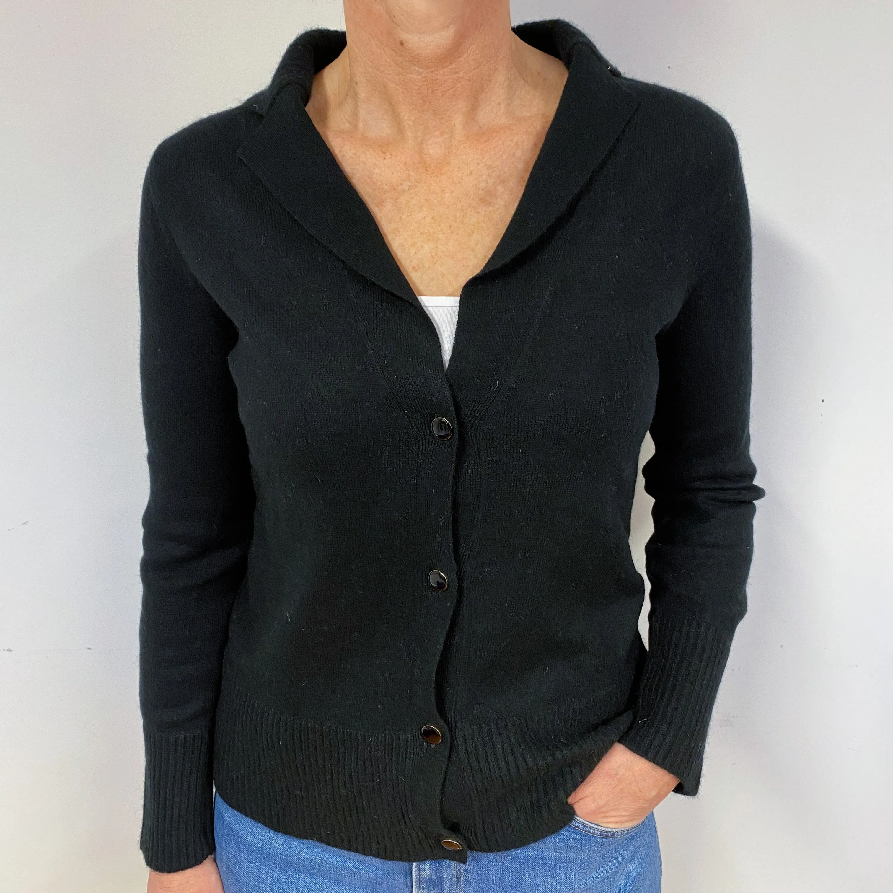 Black Collared Cashmere V-Neck Cardigan Medium