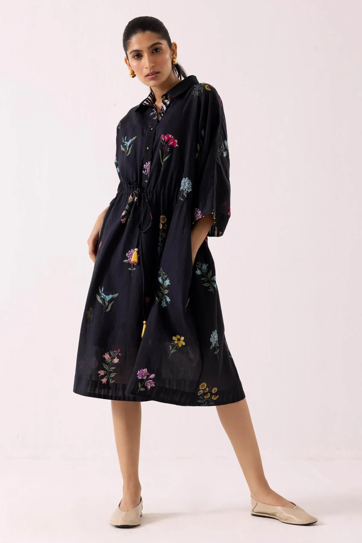 Black Cotton Print Shirt Dress