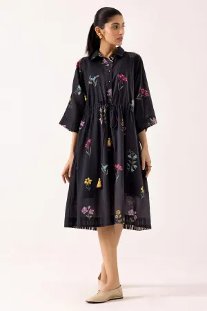 Black Cotton Print Shirt Dress