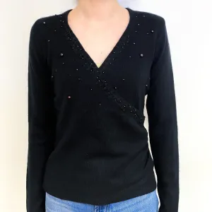 Black Embellished Cashmere V-Neck Jumper Extra Small