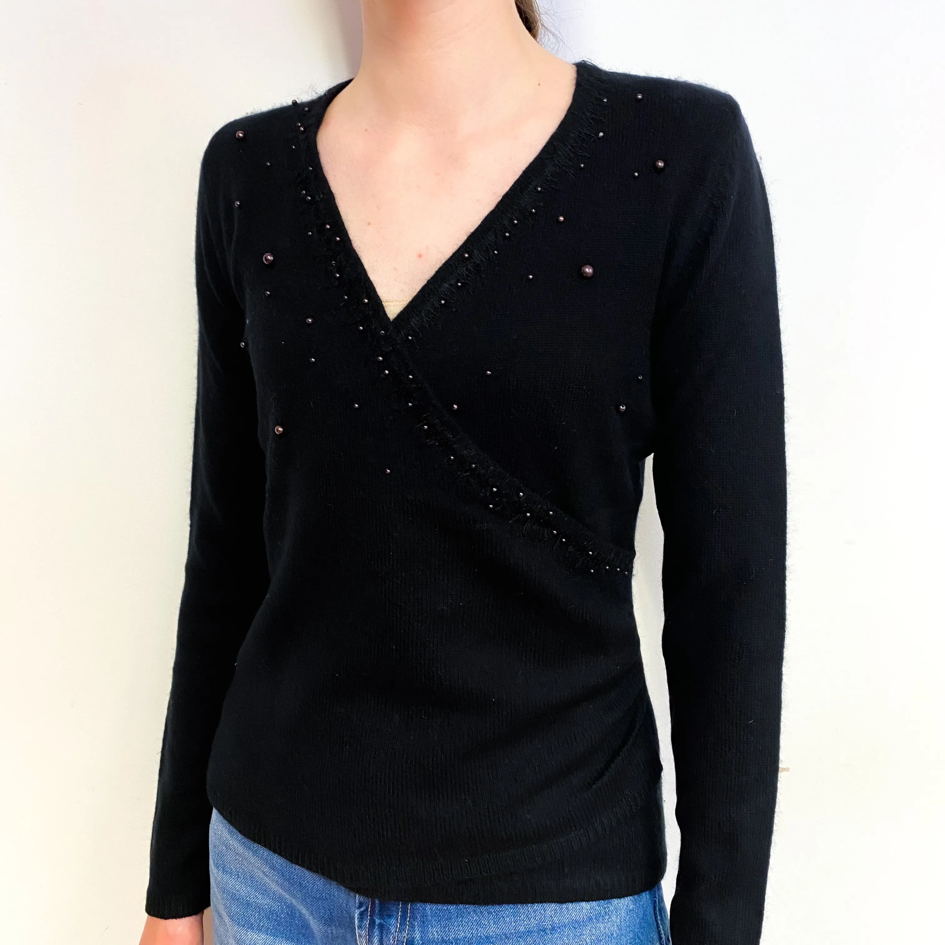Black Embellished Cashmere V-Neck Jumper Extra Small