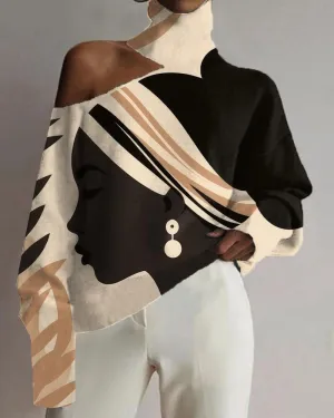 Black Girl Geometric Line Art Color Matching Print Off-the-shoulder Top