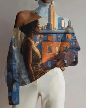 Black Girl Oil Print Cut-out Shoulder High Neck Top