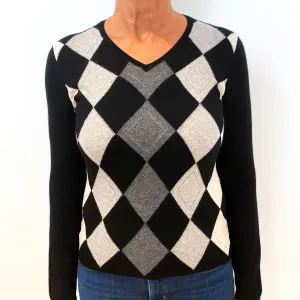 Black Grey Diamond Pattern Cashmere V-Neck Jumper Medium