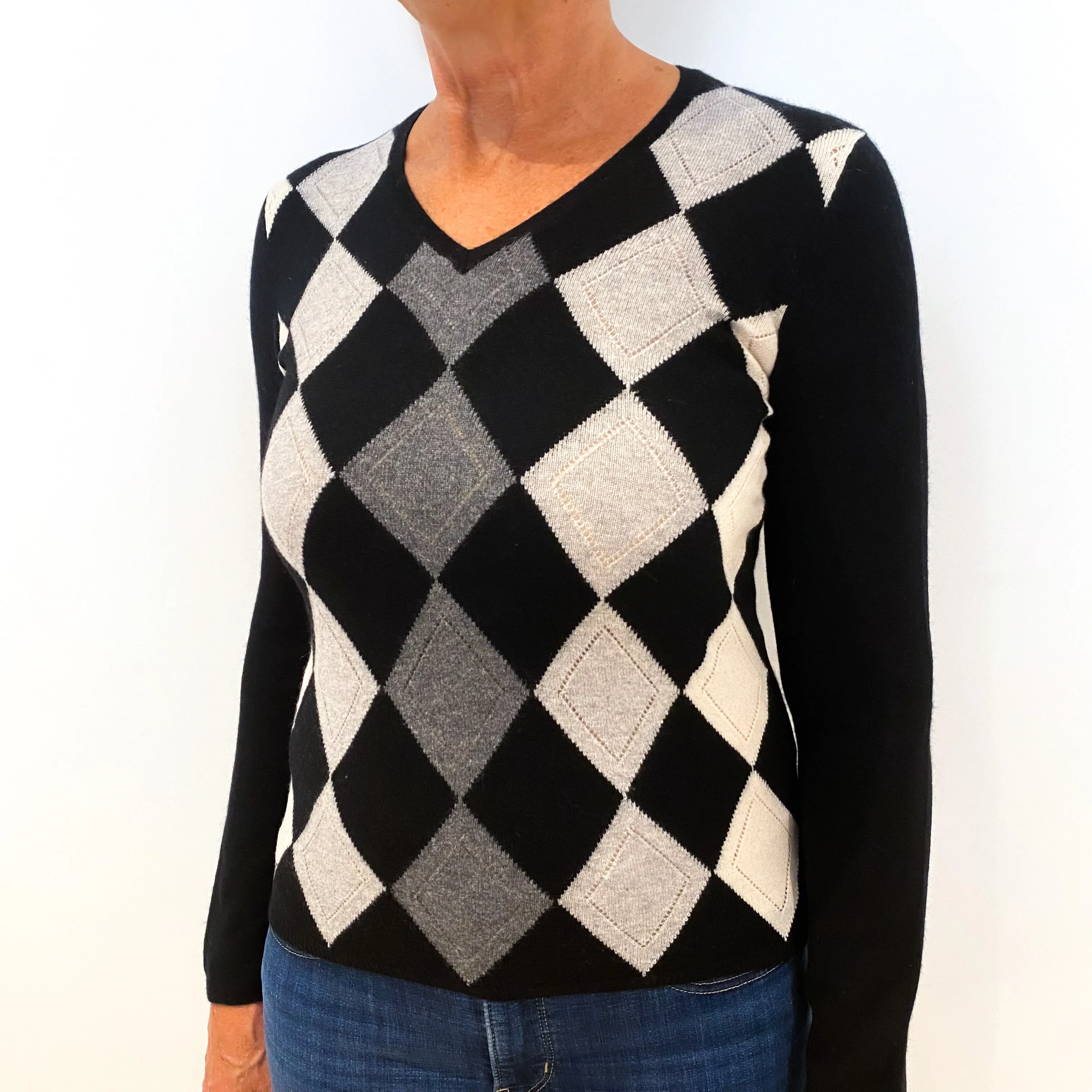 Black Grey Diamond Pattern Cashmere V-Neck Jumper Medium