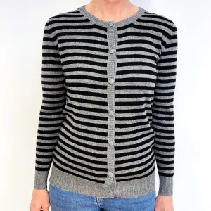 Black Grey Stripe Cashmere Crew Neck Cardigan Medium