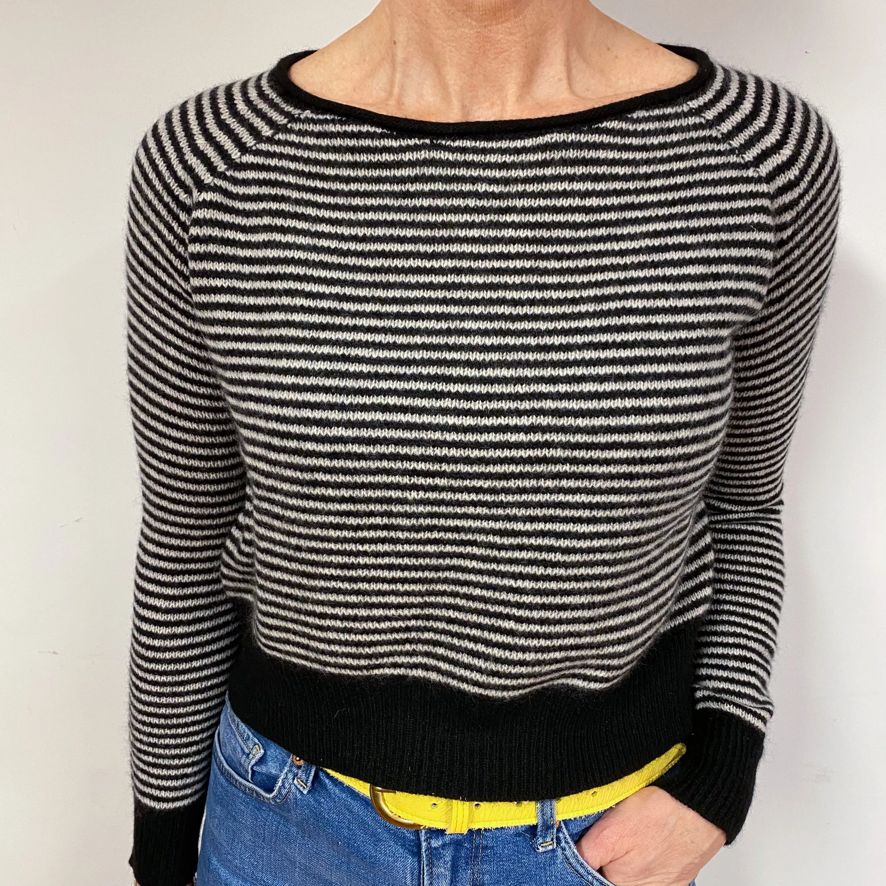 Black Grey Stripe Cashmere Cropped Jumper Medium