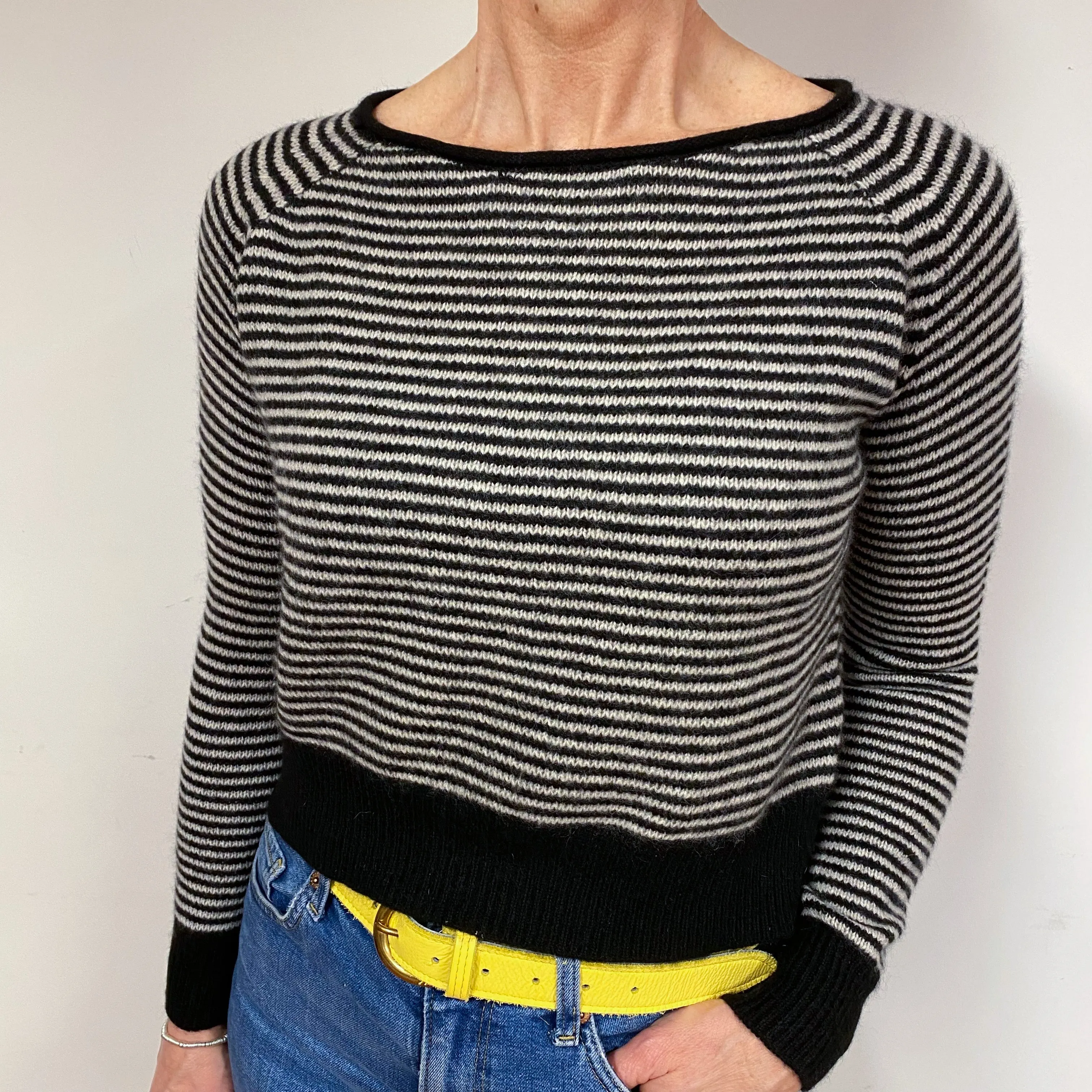 Black Grey Stripe Cashmere Cropped Jumper Medium