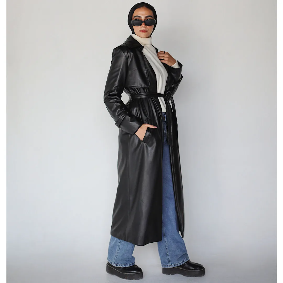Black leather trench coat